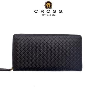 【CROSS】臺灣總經銷 限量1折 頂級小羊皮編織紋拉鍊長夾皮夾 蒂蜜特系列 全新專櫃展示品(黑色 送禮盒提袋)