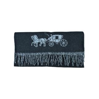 【COACH】雙面馬車LOGO流蘇羊毛寬版圍巾(黑/灰色/176x48)