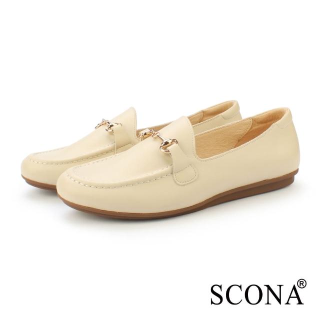 【SCONA 蘇格南】全真皮 復古馬銜釦舒適樂福鞋(米色 31257-2)