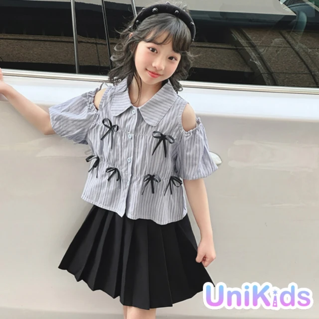 UniKids 現貨 中大童裝160碼2件套裝蝴蝶結露肩短袖襯衫百褶短裙 學院JK風 女大童裝 VPTNTQ6067(套裝)