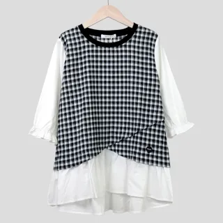 【betty’s 貝蒂思】格紋拼接七分袖圓領上衣(白色)