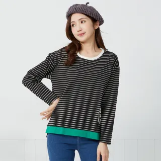 【betty’s 貝蒂思】下擺撞色開衩貓咪印花條紋T-shirt(共二色)