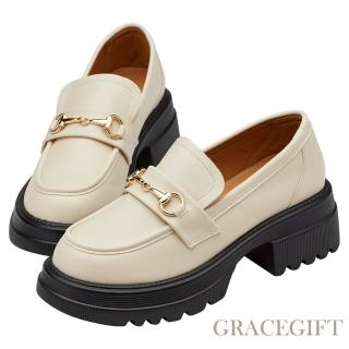 【Grace Gift】經典馬銜扣輕量厚底樂福鞋(米白)
