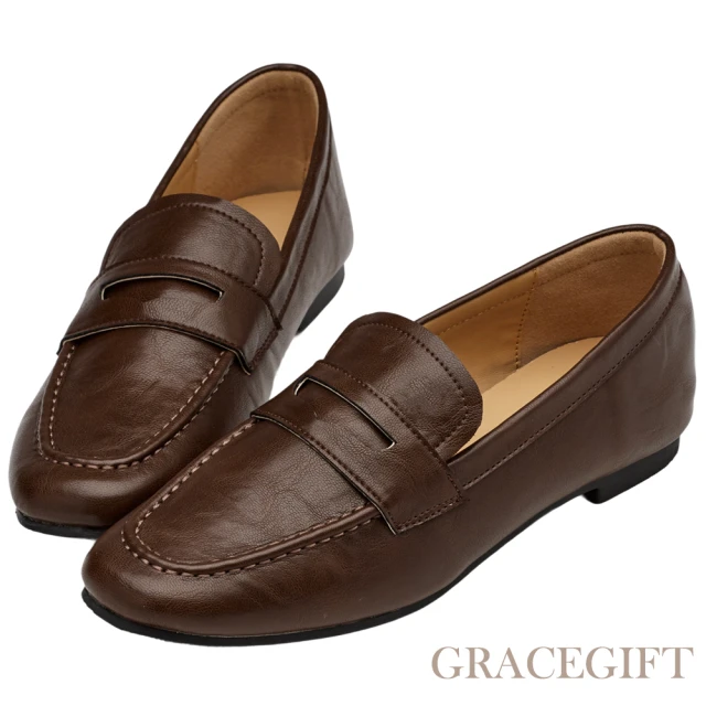 Grace Gift 摩登便仕皮革平底樂福鞋(咖)品牌優惠