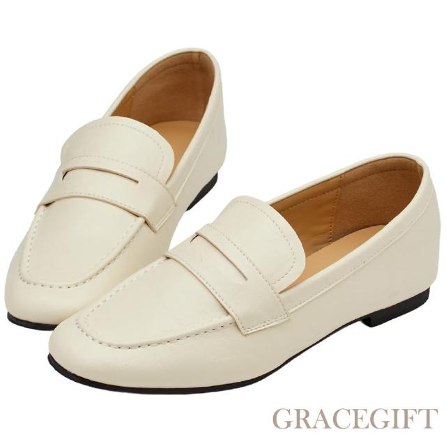 【Grace Gift】摩登便仕皮革平底樂福鞋(米白)