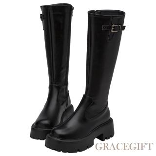 【Grace Gift】復古金屬扣輕量鬆糕厚底瘦瘦長靴(黑)