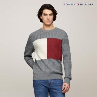 【Tommy Hilfiger】官方旗艦館 絞花針織旗幟毛衣 灰色