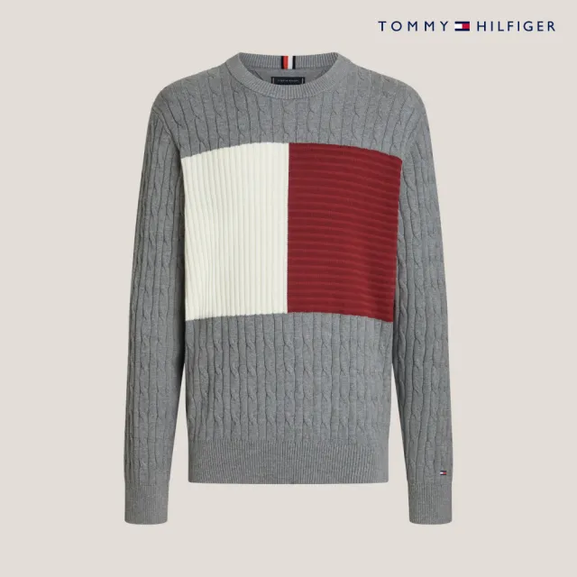 【TOMMY HILFIGER】官方旗艦館 絞花針織旗幟毛衣_灰色