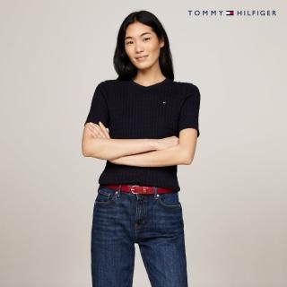 【Tommy Hilfiger】官方旗艦館 條紋修身短袖毛衣 藍色