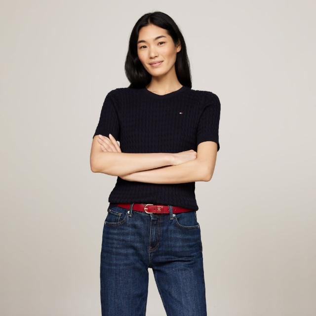 【TOMMY HILFIGER】官方旗艦館 條紋修身短袖毛衣_藍色