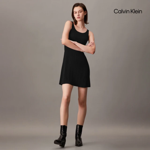 Calvin Klein 官方旗艦館 CK 二合一羅紋針織連身裙_黑色