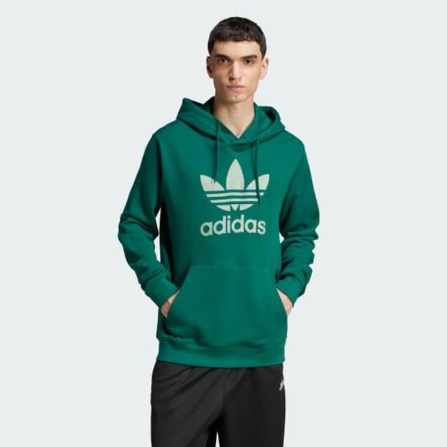 【adidas 愛迪達】長袖上衣 男 帽T 三葉草 毛圈布 TREFOIL HOODY 綠 JN7011(S2894)