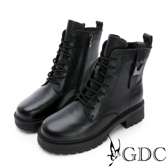 GDCGDC 低調側釦飾牛皮綁帶帥氣中筒軍靴-黑(428609-00)