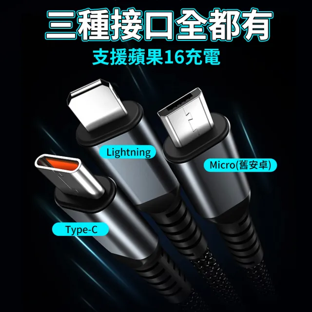 【YORI優里】100W一拖三充電線(透明指示燈充電線 蘋果16可用 蘋果/Type-C/舊安卓Micro)