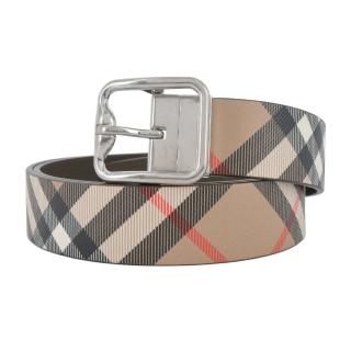 【BURBERRY 巴寶莉】經典格紋雙面兩用B字形帶扣男士皮帶(沙色/軍綠)