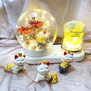 【OSTARA FLORIST 奧斯塔拉花藝】招財貓圓球玻璃罩多功能燈飾 綜合水晶石系列共三款(永生花、招財貓、擴香)