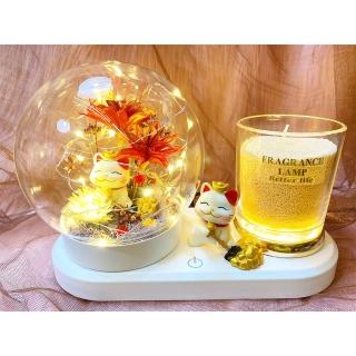 【OSTARA FLORIST 奧斯塔拉花藝】招財貓圓球玻璃罩多功能燈飾 珍珠沙蠟系列共三款(永生花、招財貓、沙蠟)