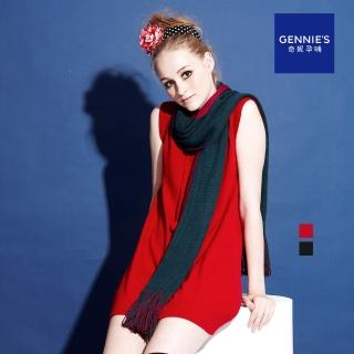 【Gennies 奇妮】休閒V領羊毛無袖長版上衣(紅/黑)