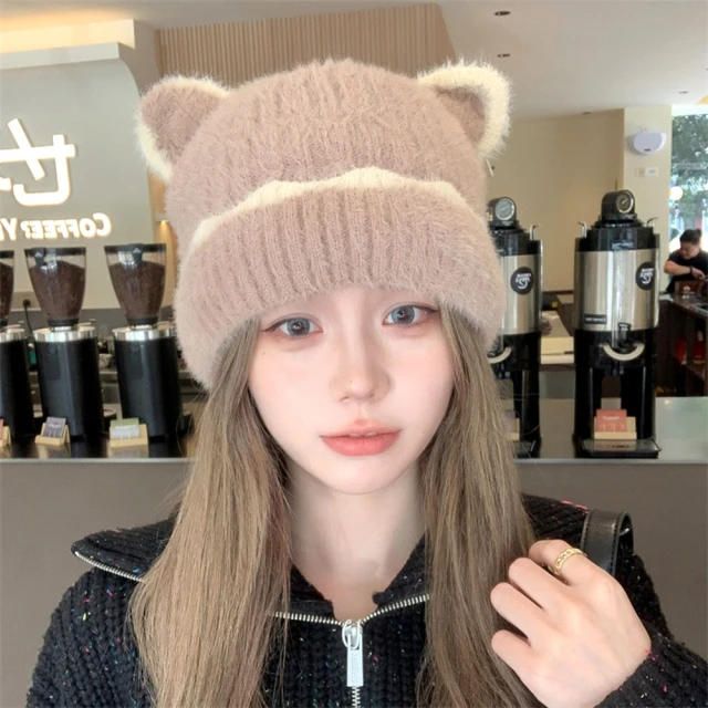 Acorn 橡果Acorn 橡果 日系貓耳撞色毛帽保暖防風防曬機能帽7681(粉色)