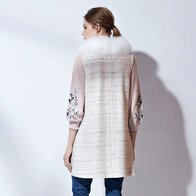 【ILEY 伊蕾】狐狸毛修身長版花呢背心(黑/粉)