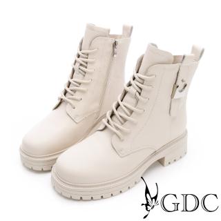 【GDC】低調側釦飾牛皮綁帶帥氣中筒軍靴-白(428609-10)