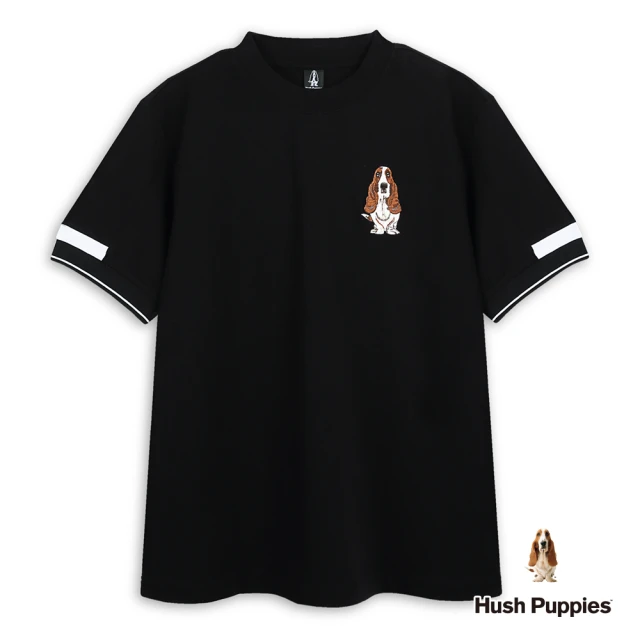 Hush Puppies 男裝 上衣 簡約袖配色運動風刺繡狗上衣(黑色 / 53110106)