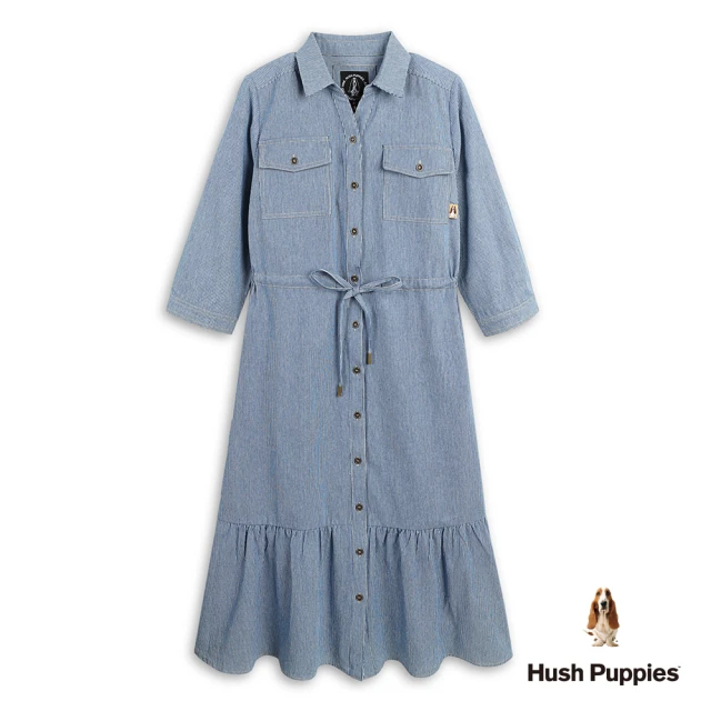 Hush Puppies 女裝 洋裝 直條紋開襟七分袖牛仔洋裝(淺藍 / 53215106)