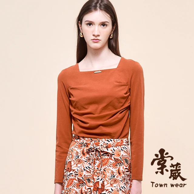 TOWN’WEAR 棠葳 時尚抓皺感棉質上衣(中大尺碼/女上衣/女上著/方領/素色/鑽飾/長袖/修身)