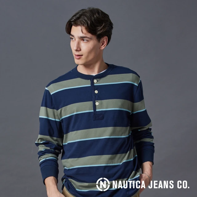 NAUTICA 官方旗艦 男裝 跳色條紋亨利領長袖POLO衫(藍色)