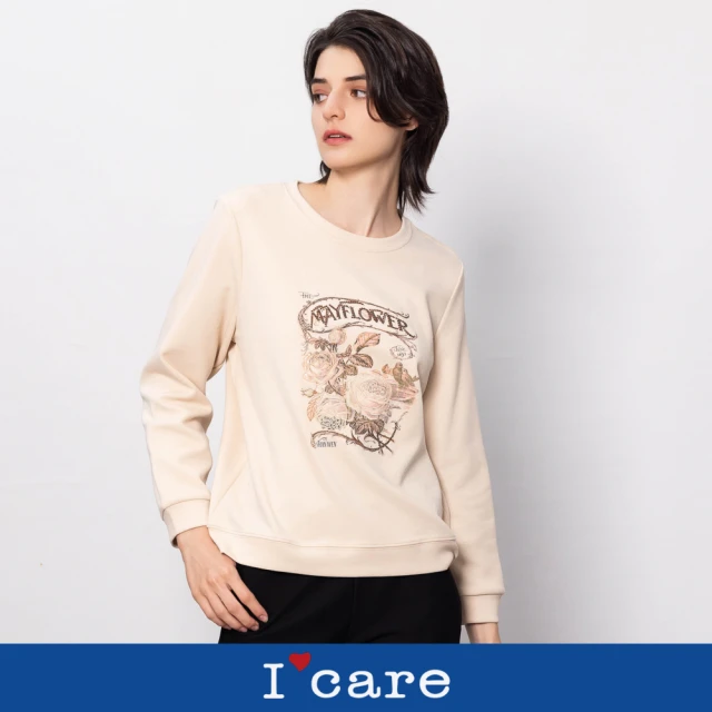 I’Care 依卡 現貨-Mayflower 刺繡印花T恤（M-L）｜女長袖T恤 女休閒上衣(510-12011)