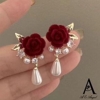 【ANGEL】植絨玫瑰水滴珍珠垂墜法式耳環(紅色)