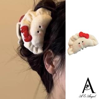 【ANGEL】可愛毛絨餃子蝴蝶結後腦鴨嘴髮夾(3色可選)