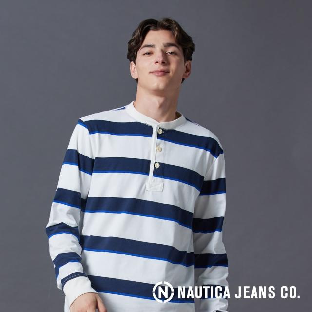 【NAUTICA】官方旗艦 男裝 跳色條紋亨利領長袖POLO衫(白色)