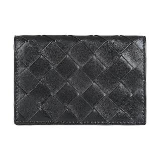 【BOTTEGA VENETA 寶緹嘉】BV BOTTEGA VENETA Intrecciato經典壓印LOGO小編織設計小羊皮2卡釦式卡包(黑)