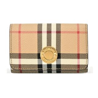 【BURBERRY 巴寶莉】浮雕LOGO格紋三折零錢短夾(卡其)