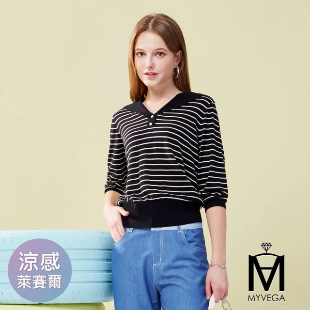 【MYVEGA 麥雪爾】MA水手領條紋七分袖針織上衣-黑(通勤風/)