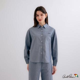 【Arnold Palmer 雨傘】女裝-經典AP刺繡棉麻長袖襯衫(藍灰色)
