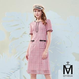 【MYVEGA 麥雪爾】MA金蔥線鏤空格紋長洋裝-桃粉