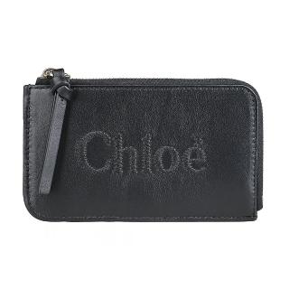 【Chloe’ 蔻依】Chloe’ Sense縫線LOGO小牛皮4卡拉鍊卡片零錢包(黑)