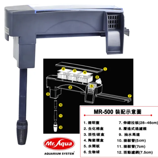 MR.AQUA水族先生】上部過濾器伸縮式過濾槽28~46cm/附沉水馬達500L/H/含