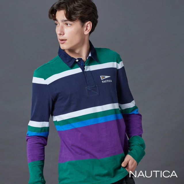 NAUTICA 官方旗艦 男裝 跳色條紋長袖POLO衫(綠色)