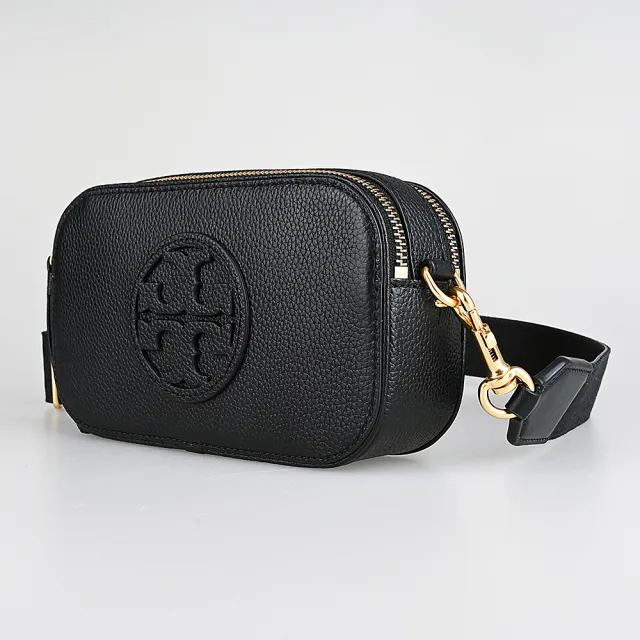【TORY BURCH】TORY BURCH 經典雙T圓標標誌荔枝紋壓紋皮革斜背雙拉鍊相機包(黑)