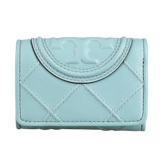 【TORY BURCH】TORY BURCH Fleming圓形浮雕LOGO小牛皮菱格紋3卡壓釦式三折短夾(小/薄霧藍綠)