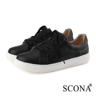 【SCONA 蘇格南】全真皮 綁帶側拉厚底休閒鞋(黑色 7365-1)