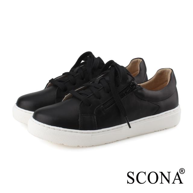 【SCONA 蘇格南】全真皮 綁帶側拉厚底休閒鞋(黑色 7365-1)