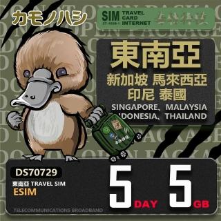 【鴨嘴獸Platypi.IF】東南亞eSIM 5日 5GB 用完斷網 網絡卡(東南亞上網絡卡 免換卡 流量上網絡卡)