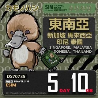 【鴨嘴獸Platypi.IF】東南亞eSIM 5日 10GB 用完斷網 網絡卡(東南亞上網絡卡 免換卡 流量上網絡卡)