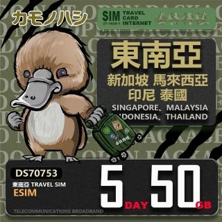 【鴨嘴獸Platypi.IF】東南亞eSIM 5日 50GB 用完斷網 網絡卡(東南亞上網絡卡 免換卡 流量上網絡卡)