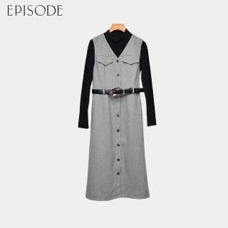 【EPISODE】優雅氣質兩件式小立領黑上衣配灰無袖背心洋裝（黑灰組）E45703