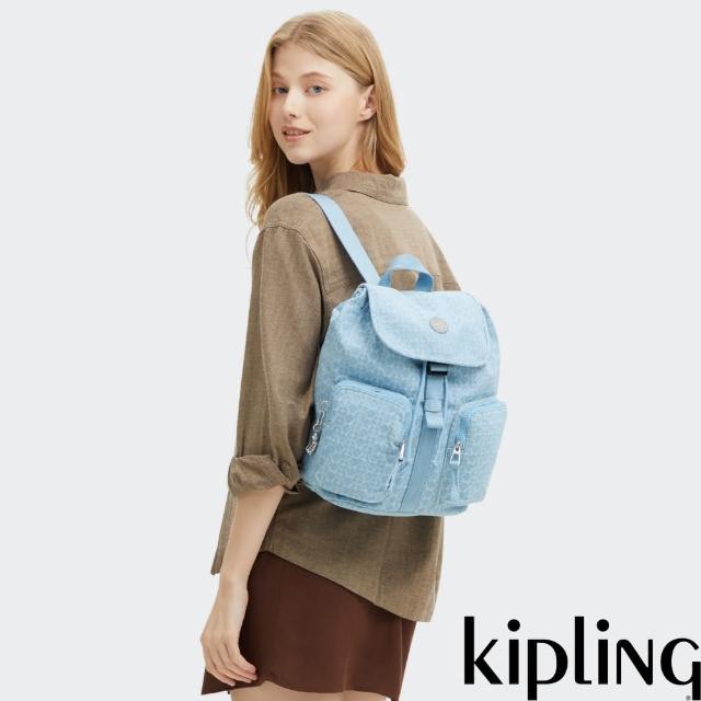 【KIPLING官方旗艦館】牛仔藍提花翻蓋雙肩後背包-ANTO S